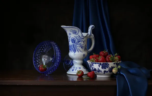 Ягоды, стол, клубника, ткань, кувшин, натюрморт, пиала, креманка