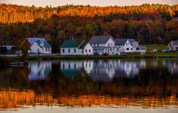 Картинка осень, лес, пейзаж, природа, озеро, отражение, дома