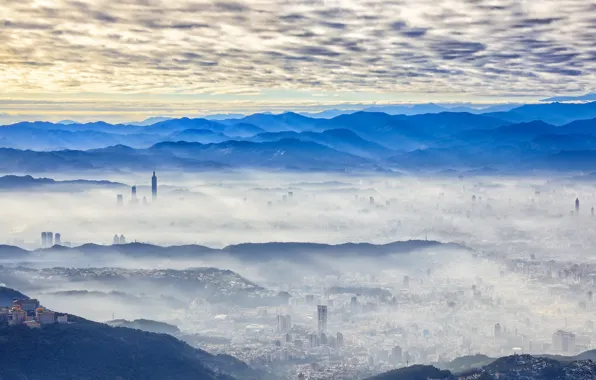 Город, туман, утро, Taipei