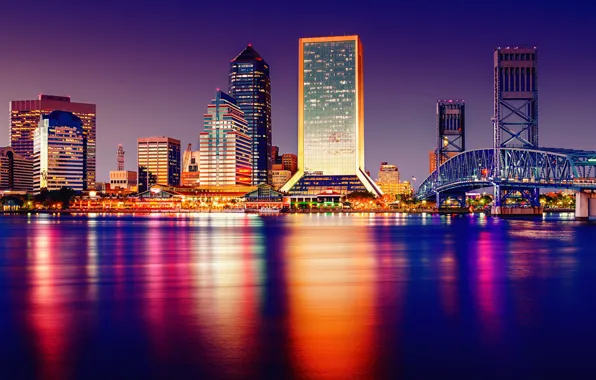 Картинка city, lights, USA, bridge, water, night, buildings, architecture, skyscrapers, Florida, cityscape, Tampa, United States of …