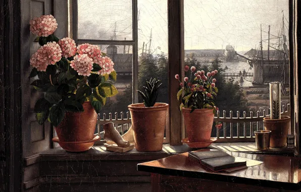 Картинка цветы, город, картина, окно, книга, живопись, painting