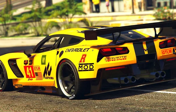Жёлтый, Corvette, Chevrolet, день, сзади, GTA 5, 2015, C7R