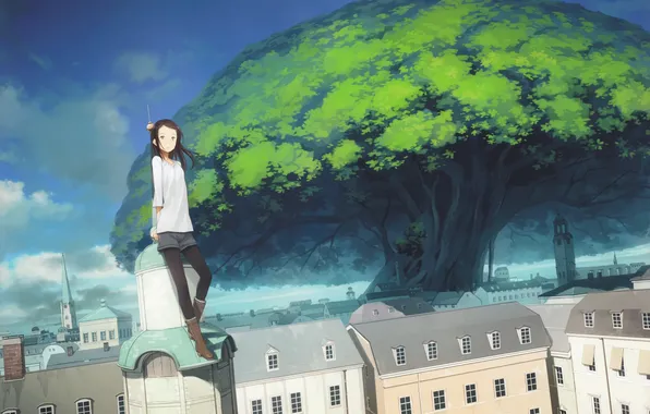 Картинка город, дерево, башня, арт, девочка, шпиль, гигантское, yoshida seiji