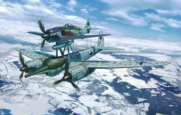 Картинка war, art, painting, aviation, ww2, FW190A-8/JU88G-1 Mistel