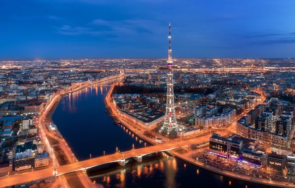 Мост, река, здания, башня, дома, Санкт-Петербург, панорама, Россия
