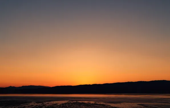Twilight, sunset, lake, hill, dusk, silhouette
