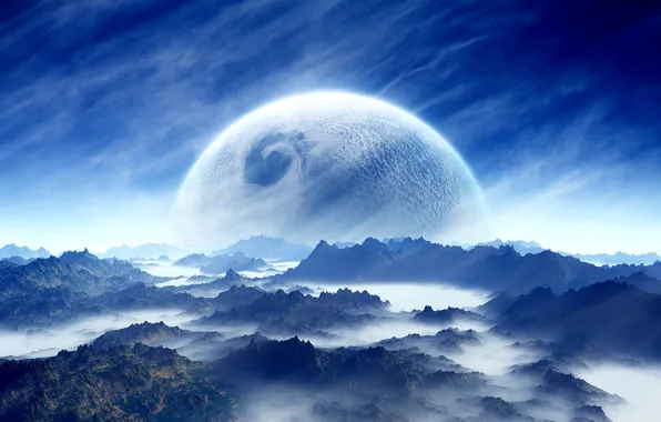 Картинка white, sky, landscape, blue, cloud, mountain, planet, Sci Fi
