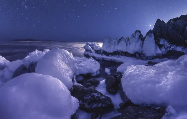 Картинка зима, море, снег, пейзаж, ночь, природа, скалы, лёд
