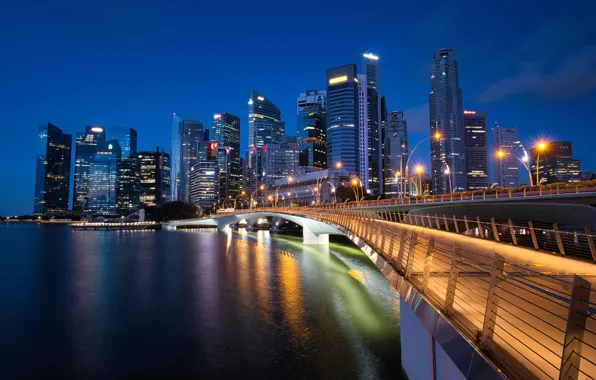 Картинка мост, здания, залив, Сингапур, ночной город, небоскрёбы, Singapore, Marina Bay