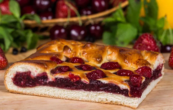 Картинка вишня, еда, клубника, пирог, выпечка, сладкое