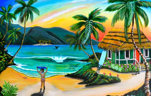 Картинка пляж, пальмы, рисунок, картина, девочка, домик, живопись, painting