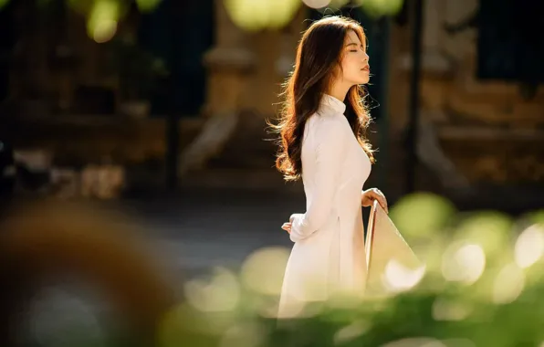 Азиатка, белое платье, красивая девушка, нега, очарование, beautiful girl, asian, закрытые глаза