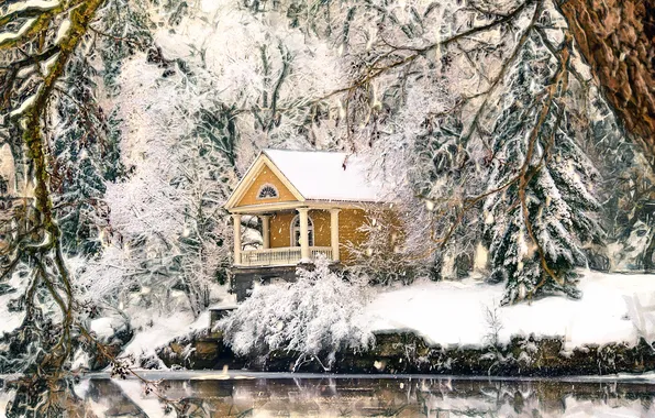 Картинка снег, деревья, домик