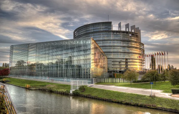 Франция, здание, канал, Страсбург, европейский парламент