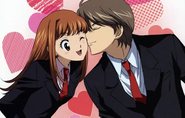 Костюм, галстук, сердечки, двое, art, подмигивание, Озорной поцелуй, Itazura na Kiss