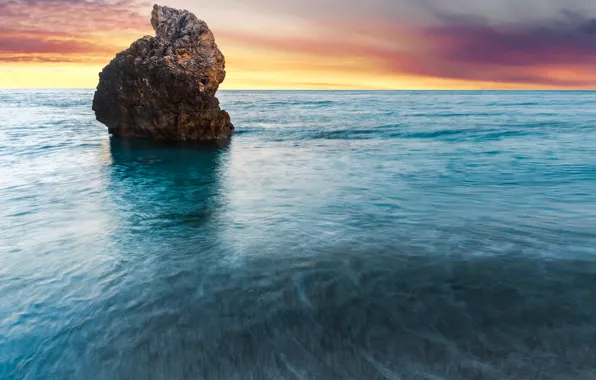 Скала, океан, рассвет, island, Greece, Milos Beach, Lefkada