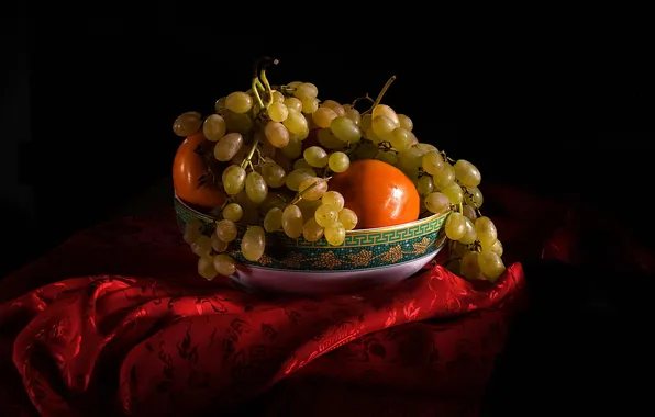 Свет, зеленый, стол, узор, шелк, виноград, ткань, миска