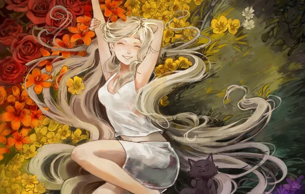 Картинка лето, кот, цветы, настроение, поляна, девочка, Picolo-kun