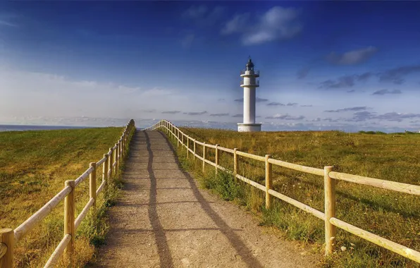 Картинка дорога, маяк, горизонт, Испания, Spain, Cantabria, Playa de Ajo
