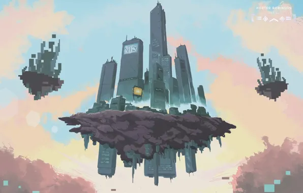 Небо, Город, Остров, Небоскребы, Фантастика, Porter Robinson, Город в небе, Плавающий остров