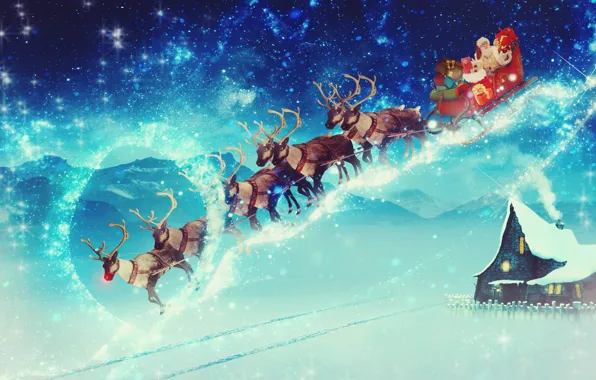 Картинка Зима, Ночь, Снег, Дом, Рождество, Новый год, Санта Клаус, Звёзды