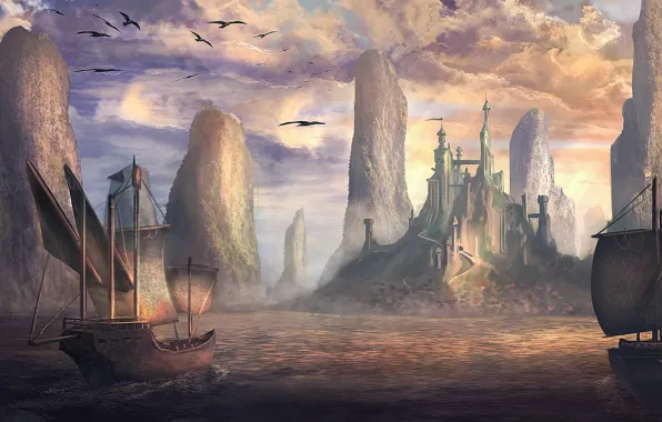 Море, замок, остров, корабли, фэнтези, арт, fantasy, sea