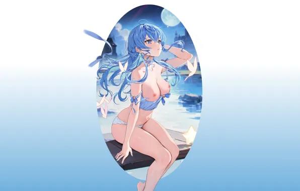 Relax, girl, sexy, nipples, boobs, blue, anime, night