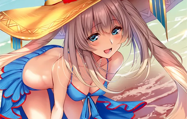 Girl, sexy, cleavage, long hair, sea, boobs, anime, water