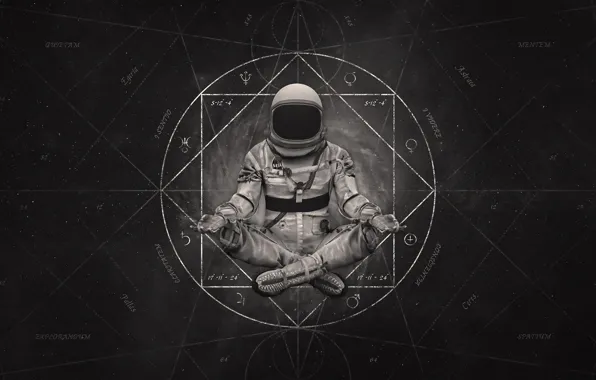 Monochrome, digital art, artwork, sitting, helmet, geometry, meditation, astronaut