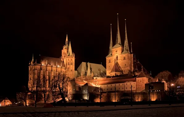 Ночь, огни, замок, Германия, Erfurt