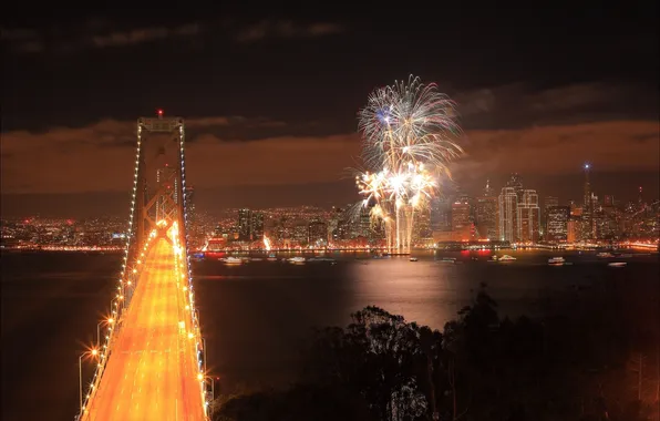 Картинка ночь, мост, город, Калифорния, Сан-Франциско, фейерверк, USA, США