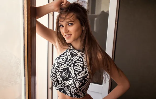 Взгляд, поза, модель, портрет, макияж, прическа, шатенка, топик
