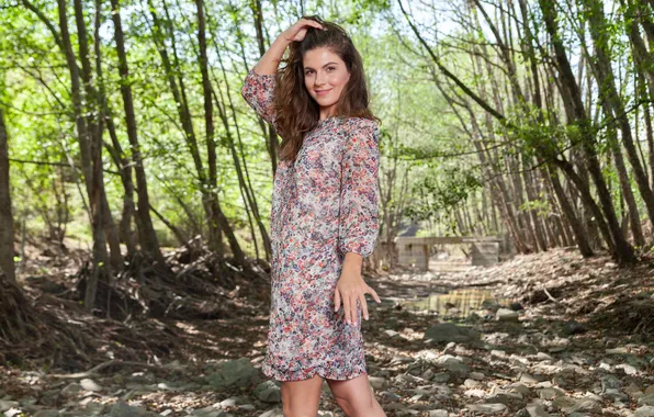 Forest, long hair, trees, nature, rocks, model, brunette, gorgeous