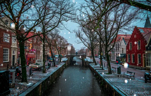 Картинка зима, снег, деревья, город, дома, канал, Нидерланды, мостик