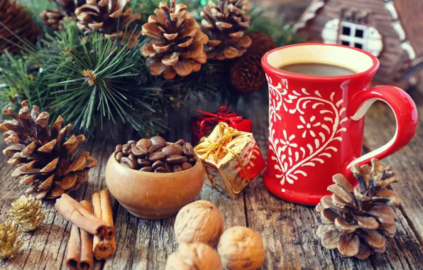 Ветки, праздник, доски, новый год, кофе, рождество, чашка, напиток