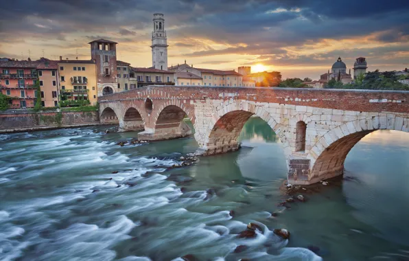 Картинка мост, река, башня, дома, Италия, Верона
