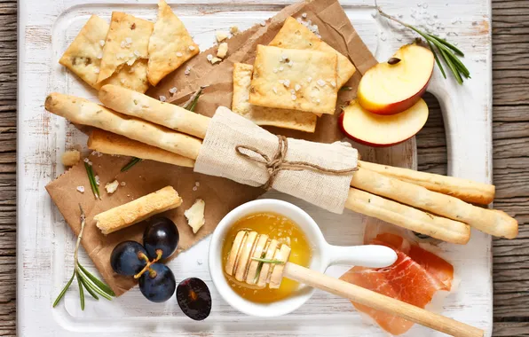 Картинка яблоки, еда, палочки, мед, хлеб, виноград, доска, мёд