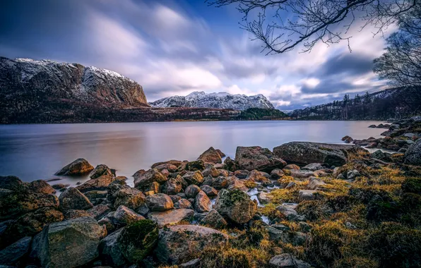 Снег, деревья, горы, озеро, камни, Норвегия, Bjerkreim, Hofreistæ
