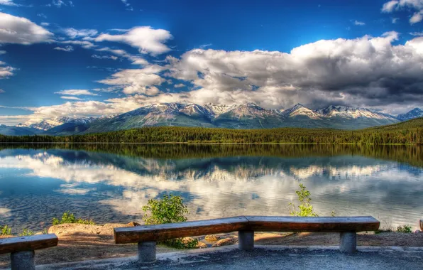 Лес, горы, озеро, отражение, HDR, Природа