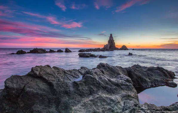 Море, волны, камни, побережье, Испания, Cabo de Gata