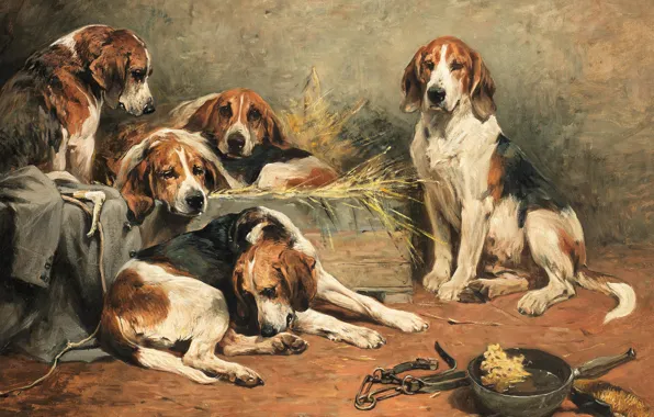 1892, британский живописец, British painter, oil on canvas, John Emms, Джон Эммс, Пять гончих и …