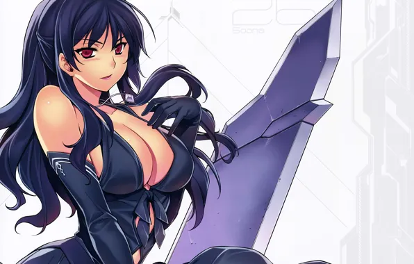 Girl, sword, fighter, long hair, dress, big, anime, red eyes