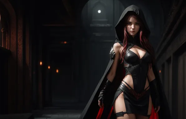 Girl, fantasy, red hair, art, digital art, fantasy art, hood, stand