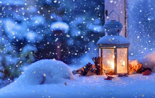 Картинка зима, макро, снег, снежинки, настроение, рождество, фонарь