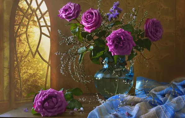 Картинка цветы, розы, окно, ткань, ваза, столик, Валентина Колова