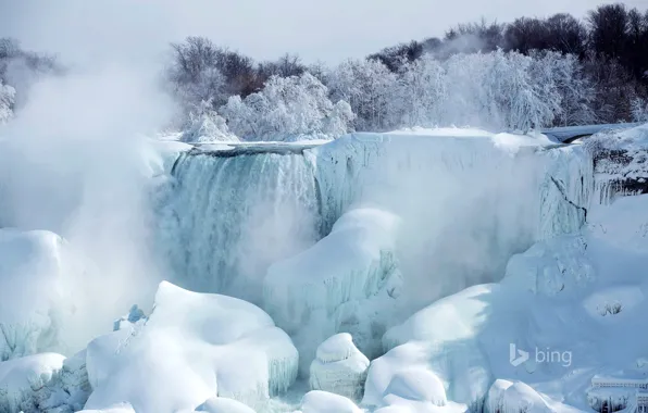 Лед, снег, деревья, река, Ниагара, Канада, Онтарио, Американский водопад