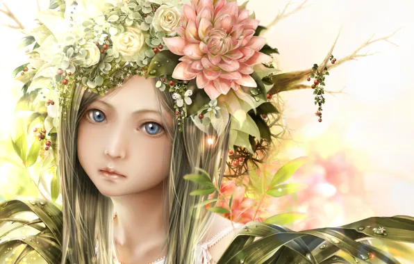 Картинка девушка, капли, цветы, лицо, ветви, аниме, арт, bouno satoshi