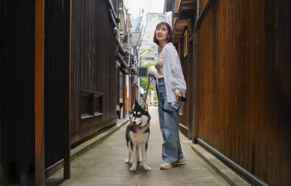 Woman, dog, asian, cute