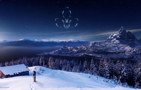 Картинка снег, горы, дом, звёзды, мальчик, эмблема, ёлки, desktopography