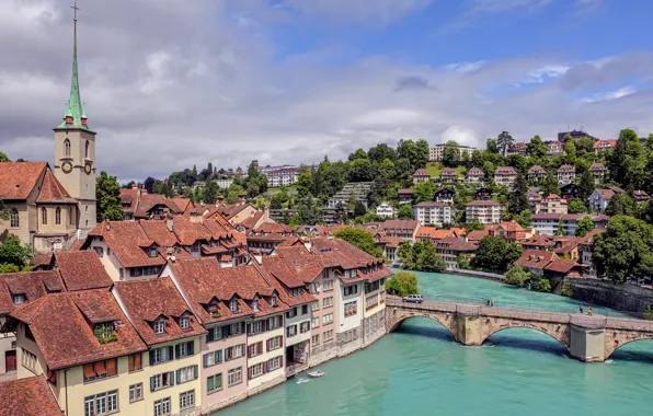 Картинка мост, река, здания, Швейцария, Switzerland, Берн, Bern, Aare river